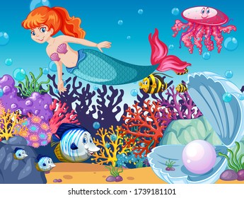 Set of sea animals and mermaid cartoon character on sea background illustration