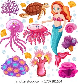 Set of sea animals and mermaid cartoon character  illustration