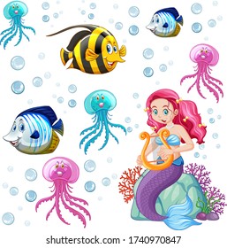Set of sea animals and mermaid cartoon character on white background illustration