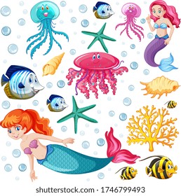 Set of sea animals and mermaid cartoon character on white background illustration