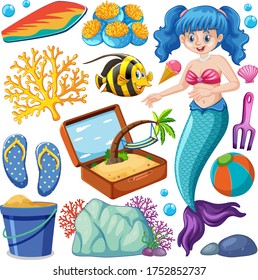 Set of sea animals and mermaid cartoon character on white background illustration