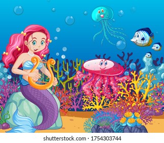 Set of sea animals and mermaid cartoon style on sea background illustration