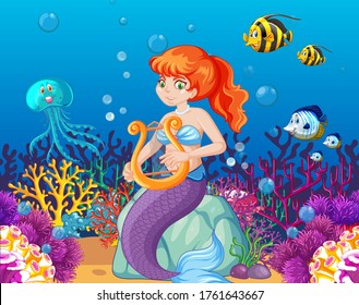 Set of sea animals and mermaid cartoon character on sea background illustration