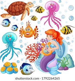 Set of sea animals and mermaid cartoon style on white background illustration