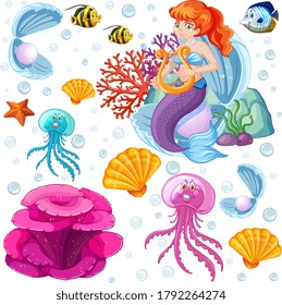 Set of sea animals and mermaid cartoon style on white background illustration