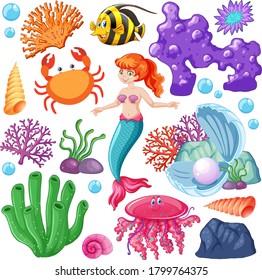 Set of sea animals and mermaid cartoon character on white background illustration