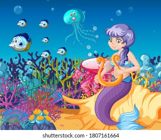 Set of sea animals and mermaid cartoon on sea background illustration