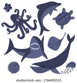 Set of sea animals. Ocean blue animals isolated on white background. Vector hand-drawn illustration.