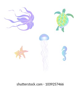 A set of sea animals: octopus, marine turtle, starfishes, jellyfish and seahorse. Vector Illustration. 