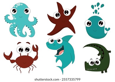 Set of Sea animals, octopus, star, crab, shark, crocodile, whale, vector illustration