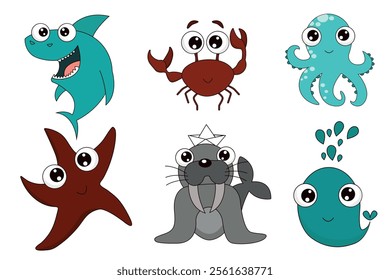 Set of Sea animals, octopus, star, crab, shark, crocodile, whale, vector illustration