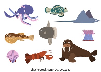 Set of sea animals - octopus stringray walrus omar sunfish. Undersea world habitants print. Hand drawn underwater life collection. Funny cartoon marine animals character for kid.