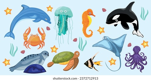 Set of sea animals on light blue background