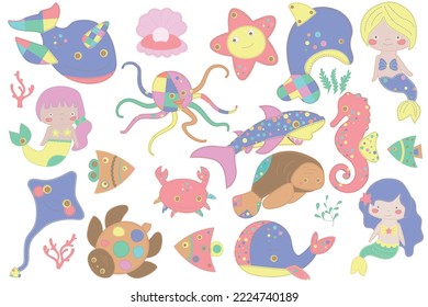 Set of sea animals in patchwork style. Mermaids, fish, whale, dolphin, starfish, crab, shark on white background.