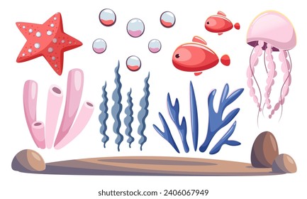 Set with sea animals and plants in cartoon style. Vector clipart on a marine theme. Starfish, fish, jellyfish, corals, algae and seabed with stones on a white background. Marine design elements