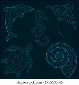 Set of sea animals: seashell, manta, dolphin, seahorse and turtle.