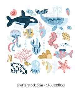 Set of sea animals - seashells, fish, whale, seahorse,tuna, butterfly fish,killer whale, jellyfish, seaweed, anchor,coral, cockleshell. Flat cartoon hand drawn vector illustration of underwater world.