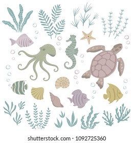 Set of sea animals and seaweed. Vector illustration.