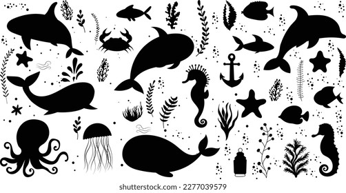 set of sea animals silhouette isolated, vector