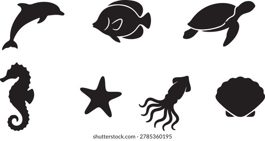 Set of sea animals silhouettes 