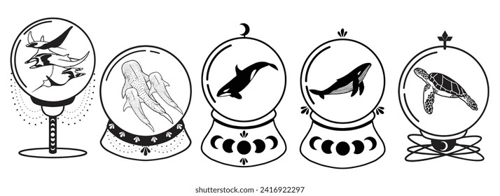 Set of sea animals in the snowballs, vector line art. Magical, simple, minimalistic art.