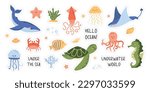 A Set of Sea Animals Stickers. Cute whale, squid, octopus, stingray, jellyfish, fish, crab, seahorse. Underwater life. Fish and wild sea animals isolated on white background. Cartoon style. 