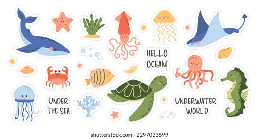 A Set of Sea Animals Stickers. Cute whale, squid, octopus, stingray, jellyfish, fish, crab, seahorse. Underwater life. Fish and wild sea animals isolated on white background. Cartoon style.  svg