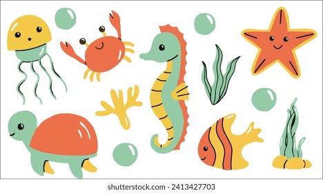 A Set of Sea Animals Stickers. Cute starfish, fish, crab, seahorse, turtle. Underwater life. Fish and wild sea animals isolated on white background. Cartoon style.