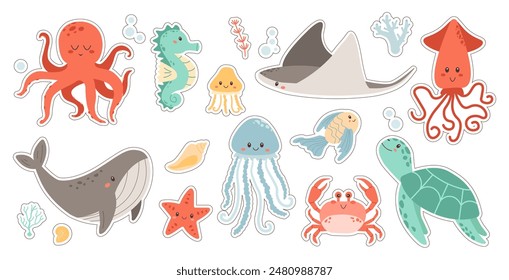 A Set of Sea Animals Stickers. Cute whale, turtle, squid, octopus, stingray, jellyfish, fish, crab, seahorse. Underwater life. Fish and wild sea animals isolated on white background. Cartoon style.