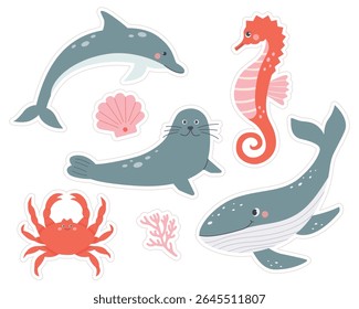 A Set of Sea Animals Stickers. Dolphin,seahorse,whale,crab,seal,seashell,seaweed. Ocean Animals on isolated white background. Vector illustration cartoon flat style
