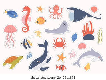 Um conjunto de adesivos de animais marinhos. Raia,golfinho,baleia,caranguejo,polvo,águas-vivas,cavalo-marinho,estrelas-do-mar,algas-marinhas,concha,tartaruga marinha,foca,peixes,recife de coral em fundo isolado.Vetor ilustração desenho animado plano 