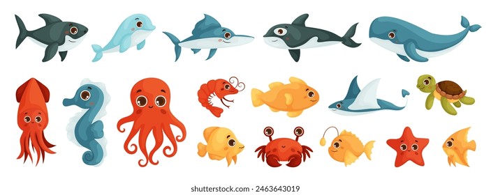 A Set of Sea Animals Stickers. Underwater life. Cute whale, squid, octopus, stingray, jellyfish, fish, crab, seahorse. Fish and wild sea animals isolated on white background.