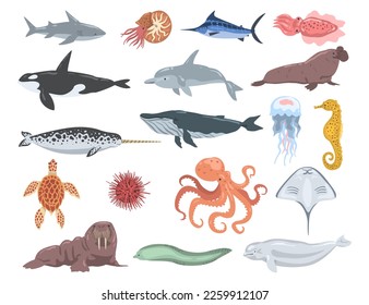 Conjunto de animales marinos. Vector de caricatura de pez espada, tiburón, tortuga, delfín, moras, ballena orca, calamar, anguila, pez espada