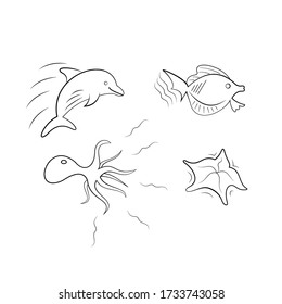 set of sea animals in the style of Doodle. Dolphin, octopus, lemon fish, starfish. Isolated on a white background,vector. Silhouettes of animals. You can use it as a children's coloring book for learn