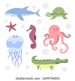 Set of sea animals Stylized simplified animals of the ocean Shark turtle starfish seahorse jellyfish octopus Children's illustration
Vector stock illustration White isolated background design template