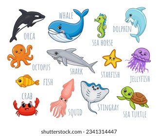 set of sea animals with titles. Dolphin, octopus, sea horse, sea ​​turtle, squid, stingray, jellyfish, shark. Cartoon animals for kids. . Vector illustration