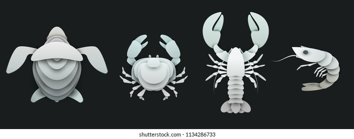 Set of sea animals in trendy paper cut craft graphic style. Turtle, lobster, shrimp, crab. Modern design for advertising, branding greeting card, cover, poster, banner. Vector illustration.