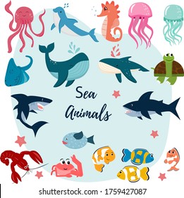 Set of sea animals. Undersea world. Vector illustration isolated on white background. Shark, dolphin, fish hedgehog, clown fish, turtle, octopus, jellyfish, stingray, lobster, crab, stingray.