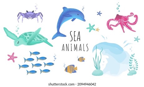 Set of sea animals. Undersea world. Vector illustration isolated on white background. 