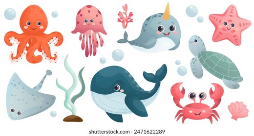 A Set of Sea Animals. Underwater Life. Cute whale, octopus, stingray, jellyfish, crab, narwhal, starfish, turtle. Wild sea animals isolated on white background.