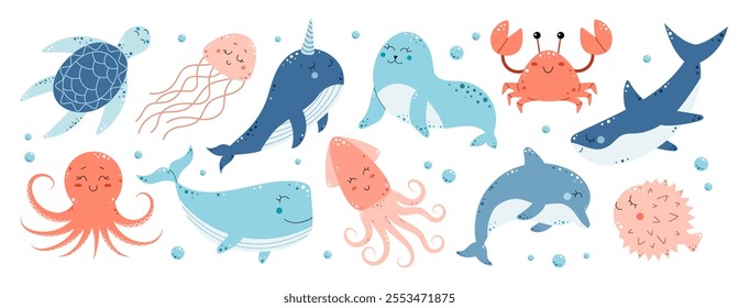 Set of sea animals. Underwater world. Marine life. Ocean exotic. Dolphin, seal, shark, whale, crab, jellyfish, squid, turtle, octopus, narwhal, pufferfish. Vector illustration