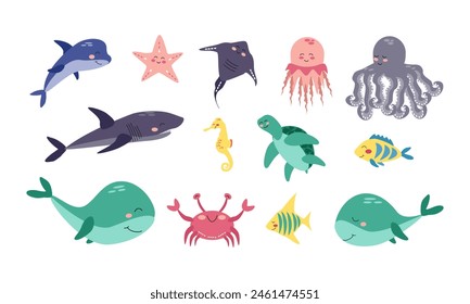 Set of sea animals. Vector cartoon illustration for stickers, products, design for children's books, bedrooms and playrooms.