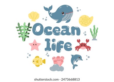 Set with Sea animals. Vector cute set of marine life.