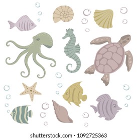 Set of sea animals. Vector illustration.