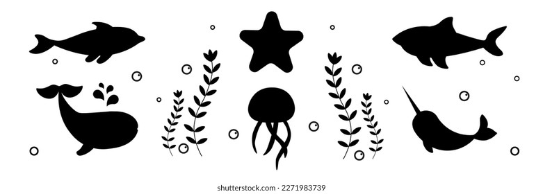 Set of sea animals. Vector. Isolated on white background.Childlike style.