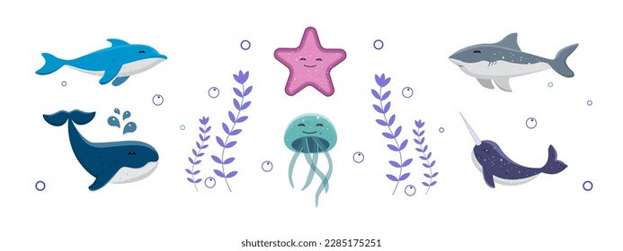 Set of sea animals. Vector. Isolated on white background. Childlike style. Cute. Color.