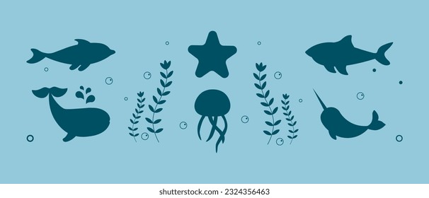 Set of sea animals. Vector. Isolated on blue background.Childlike style.