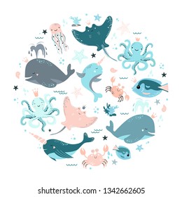 Set of sea animals. Whale, narwhal, fish, crab, octopus, stingray, starfish, jellyfish, coral, shell, algae, waves, bubbles. For children's design.