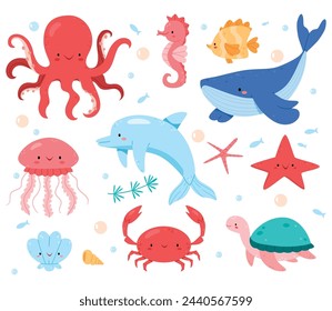 Conjunto de animales marinos. Lindo pez del océano, pulpo, tiburón y tortuga, medusas, cangrejo y foca. Fauna submarina