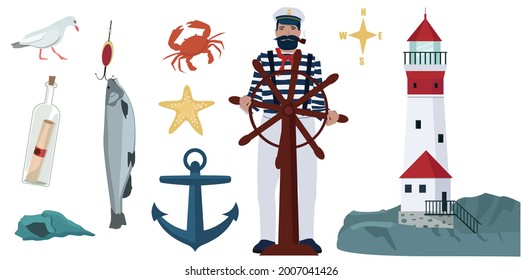 A set of sea attributes.  An anchor, a captain with a steering wheel, a shell, a crab, a lighthouse, a fish on a hook, a bottle with a map.  A set of vector illustrations on a white background.